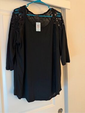 Torrid Black Crochet Shoulder Scoop Neck Long Sleeve Top
